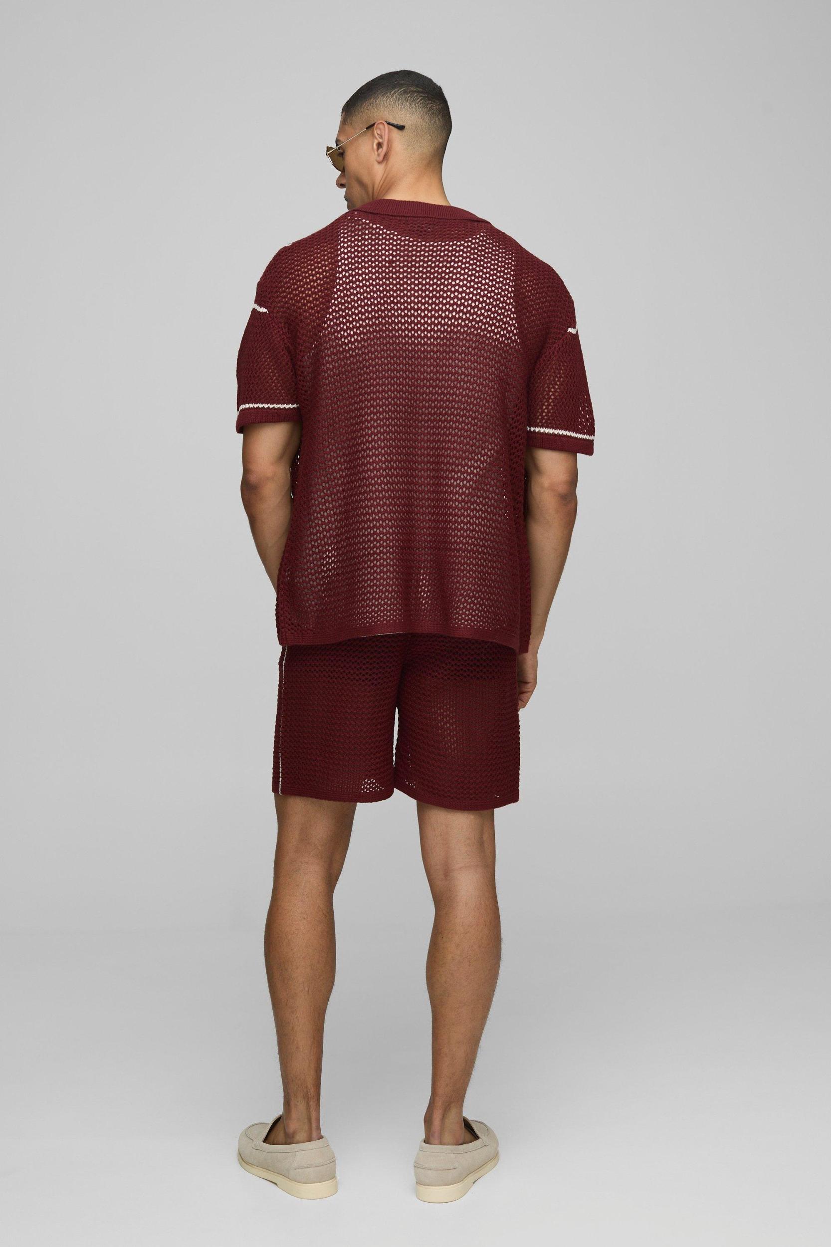 Boxy Revere Collar Open Stitch Stripe Knitted Shorts Set | boohooMAN USA Product Image
