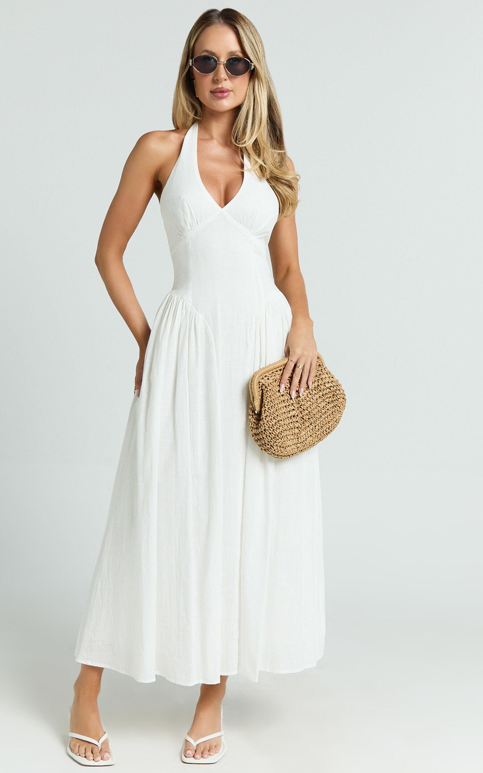 Athena Midi Dress - Halter Drop Waist Dress in White Product Image