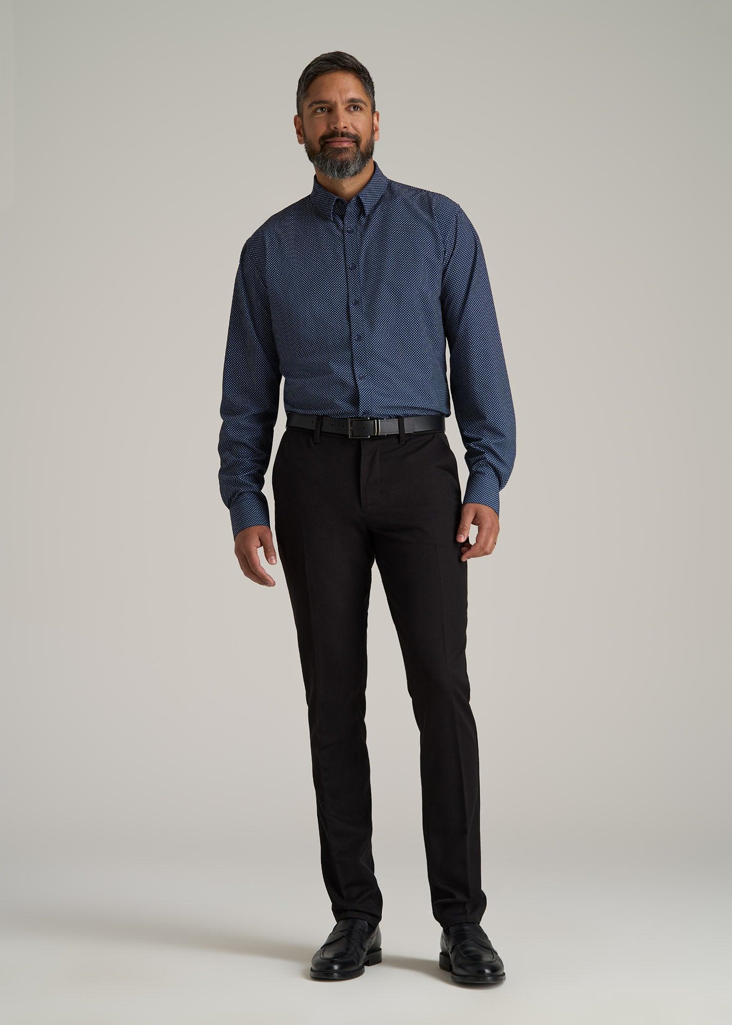 Traveler Stretch Dress Shirt for Tall Men in Navy Polka Dot Product Image