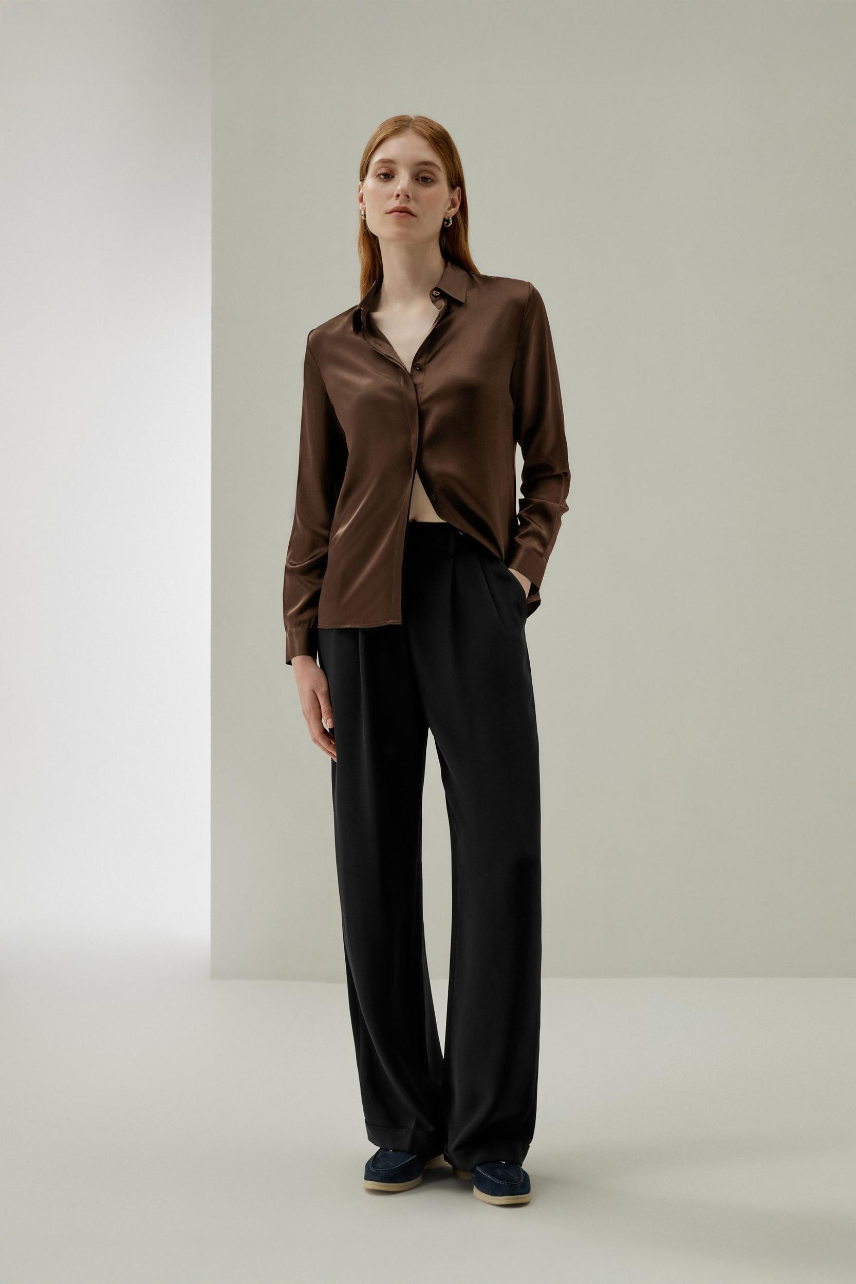 Basic Concealed Placket Silk Shirt Product Image