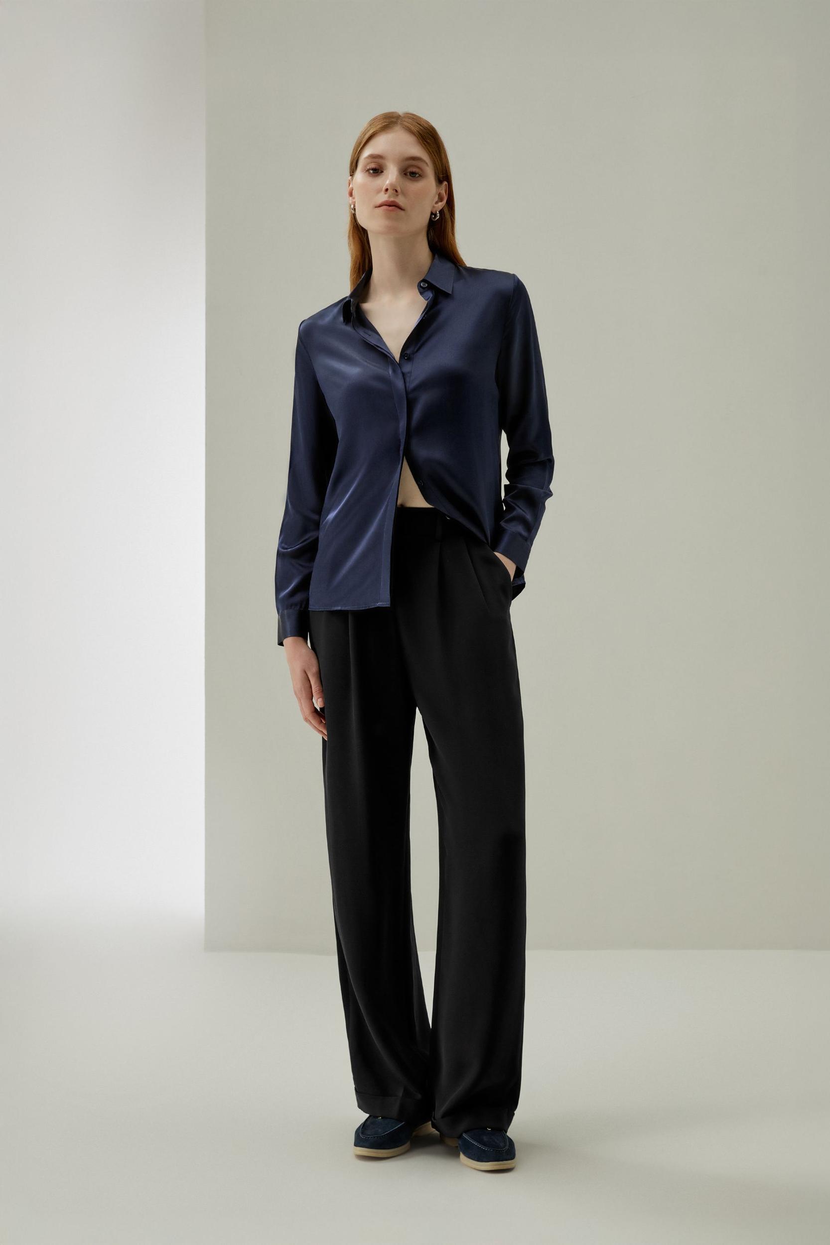 Basic Concealed Placket Silk Shirt Product Image