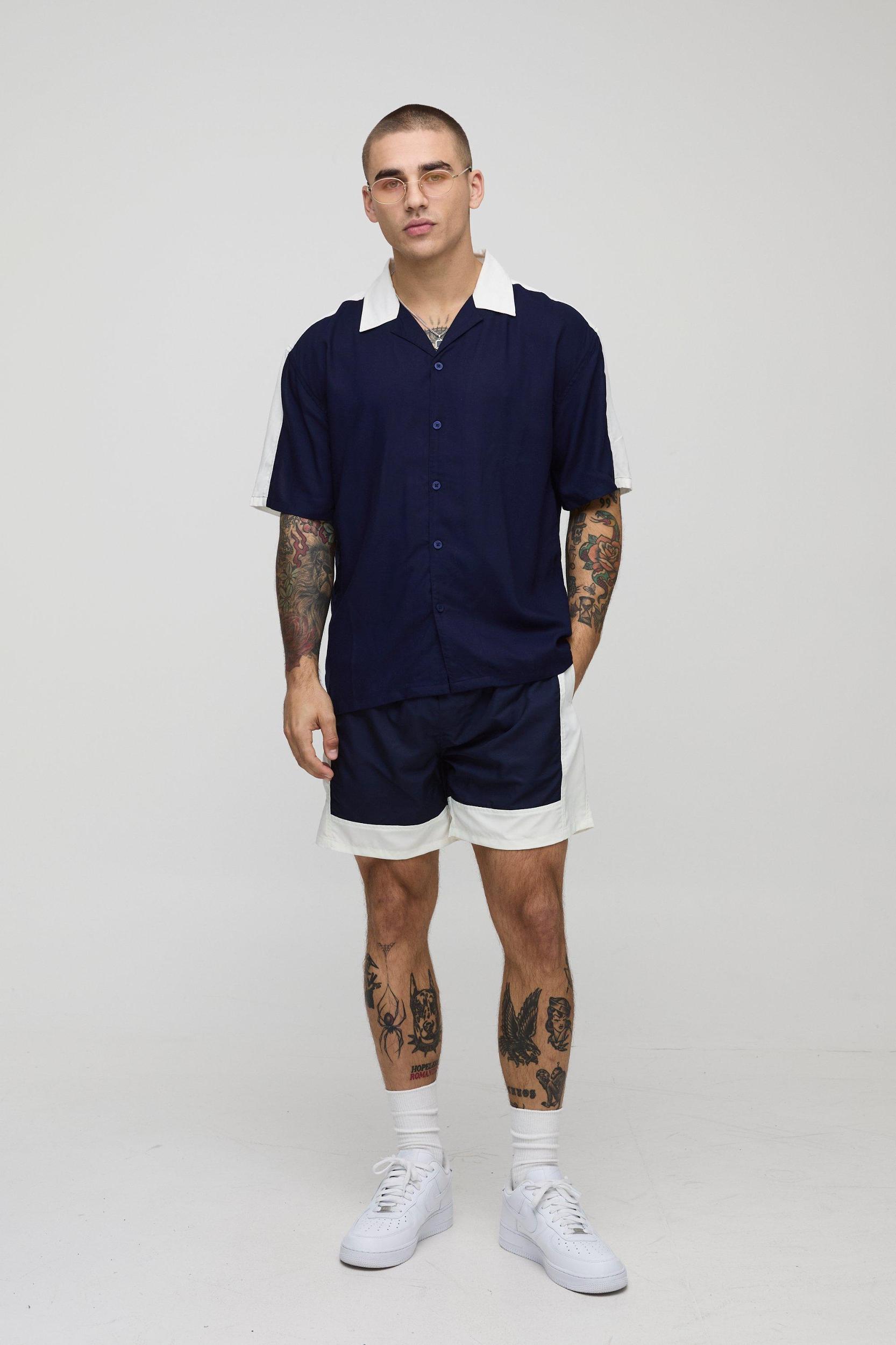 Oversized Half Sleeve Viscose Cut Sew Shirt & Swim Set | boohooMAN USA Product Image