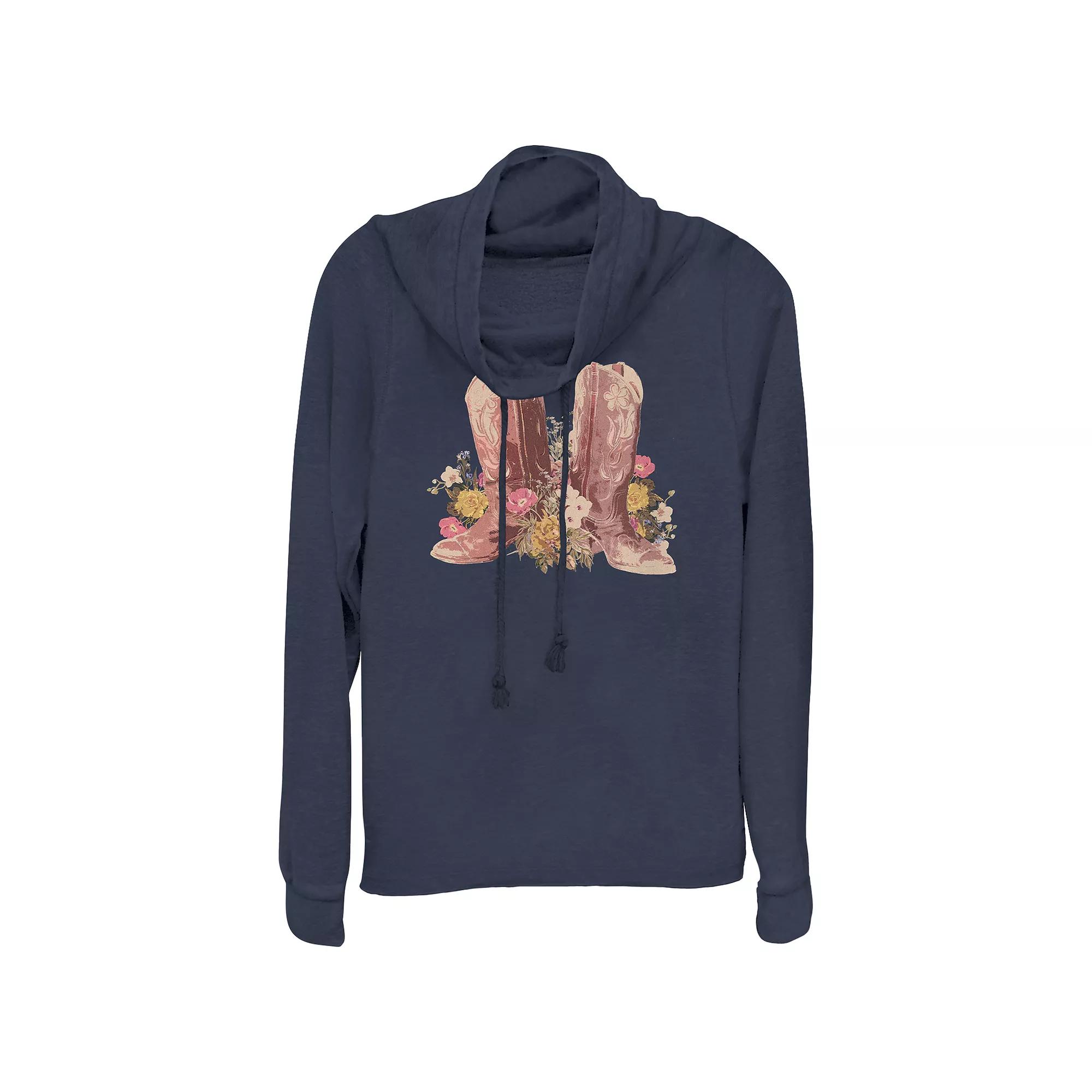 Women's Plus Cowgirl Boots And Flowers Cowlneck Graphic Lightweight Long Sleeve, Girl's,  Product Image
