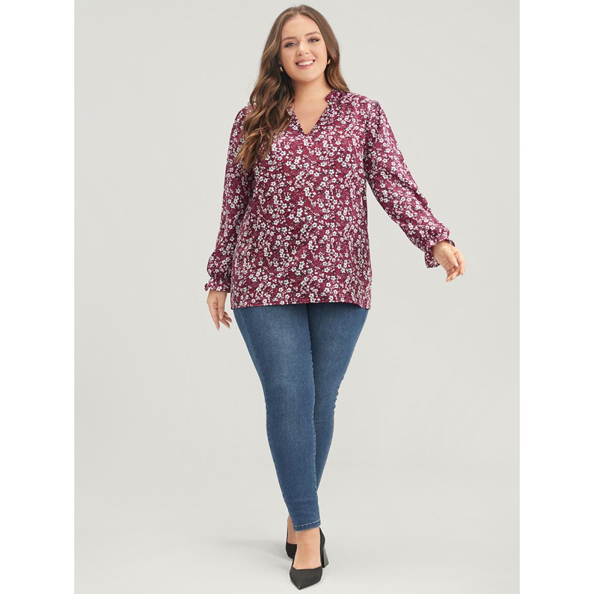 Plus Size Burgundy Floral Lantern Sleeve Arc Hem V Neck Blouse Women Elegant Long Sleeve V-neck Dailywear Blouses BloomChic 22-24/3X Product Image