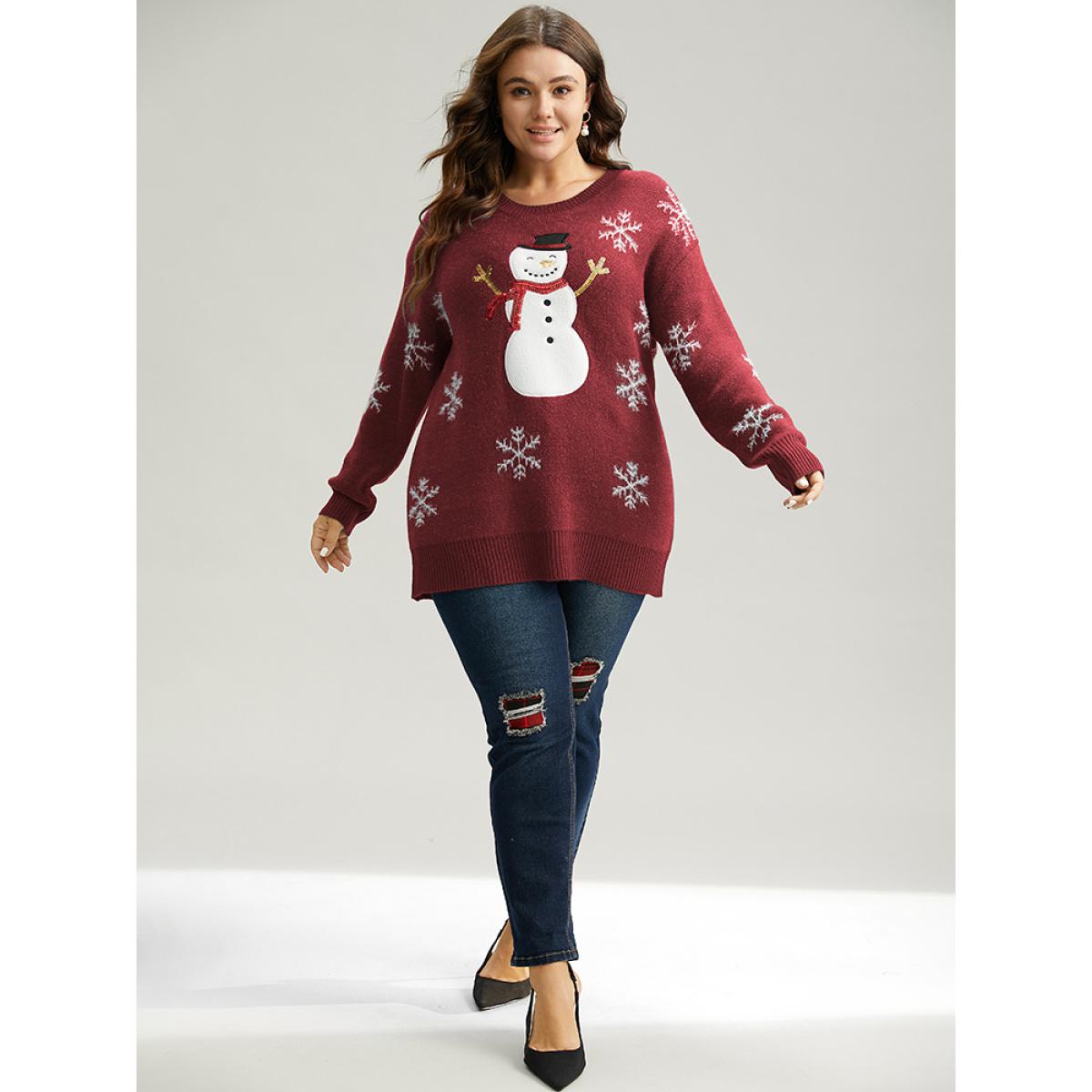 Plus Size Sequin Christmas Graphic Drop Shoulder Pullover Burgundy Women Casual Loose Long Sleeve Round Neck Festival-Christmas Pullovers BloomChic 14-16/1X Product Image
