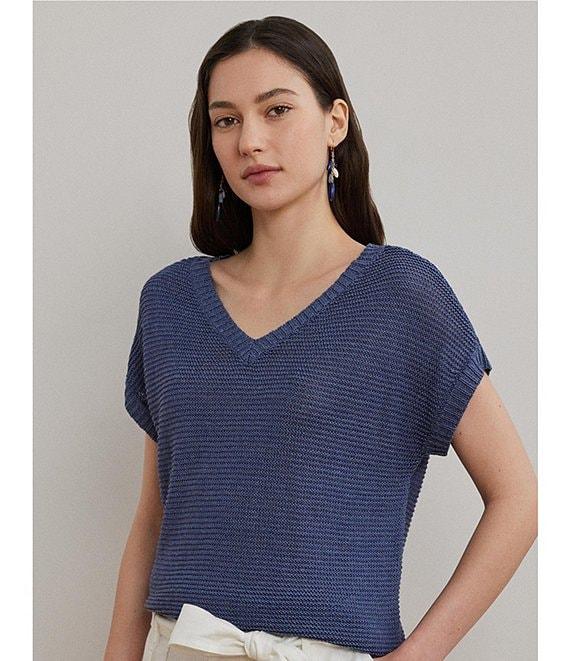 Lauren Ralph Lauren Linen Blend V-Neck Short Sleeve Sweater Product Image