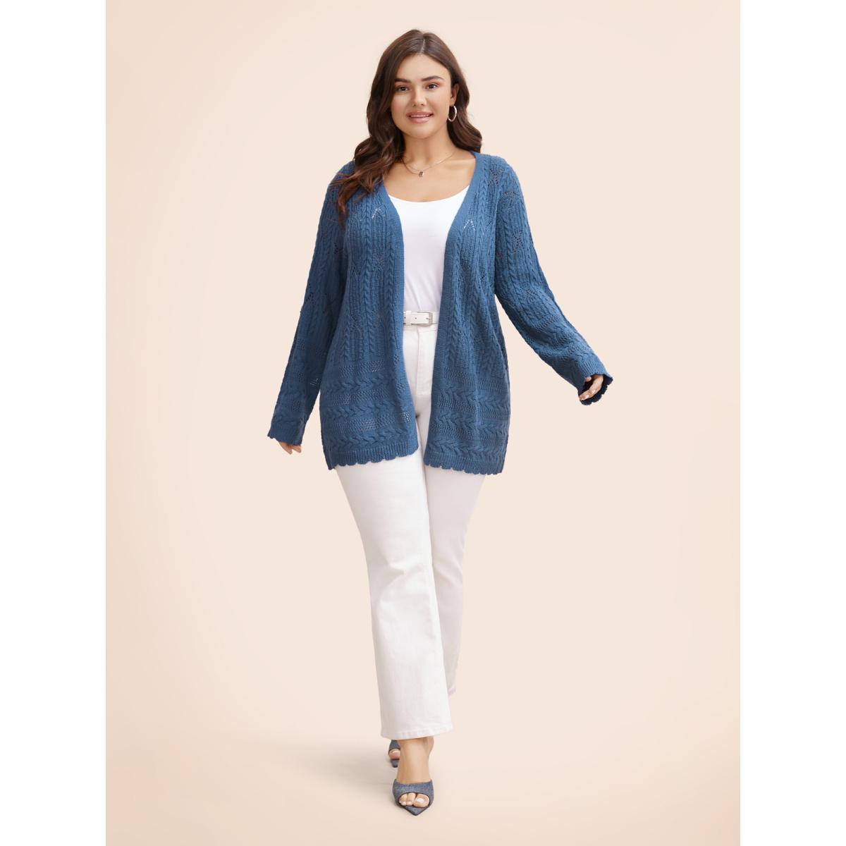 Plus Size Solid Scalloped Trim Cable Knit Cardigan Aegean Women Casual Loose Long Sleeve Everyday Cardigans BloomChic 26/4X Product Image