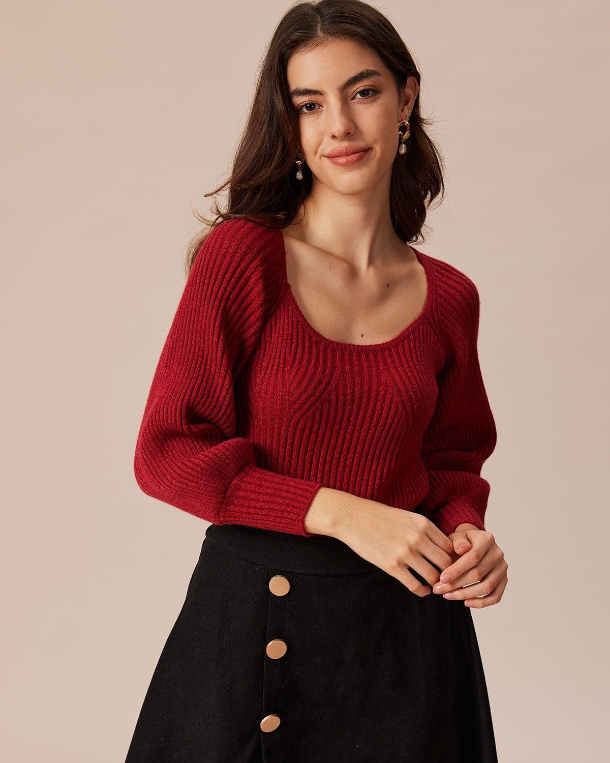 The Red Scoop Neck Lantern Sleeve Sweater Product Image