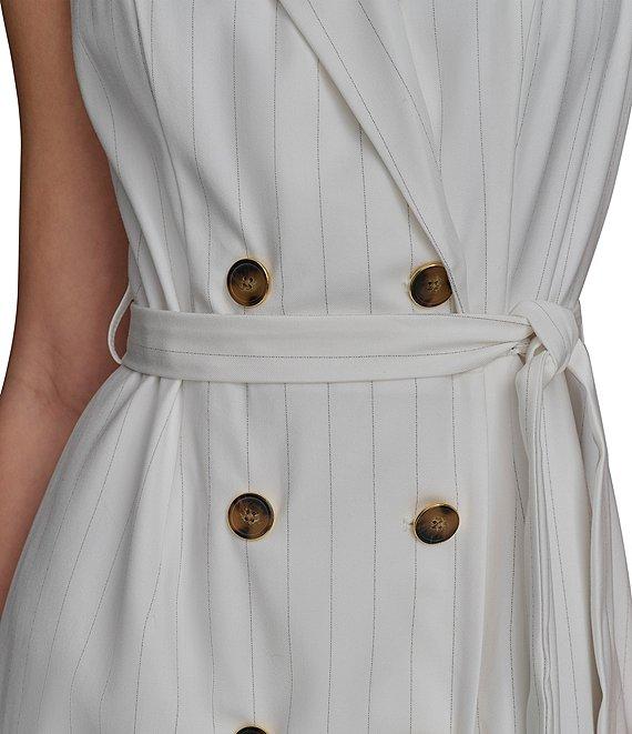 Donna Karan Pinstripe Collared V-Neck Sleeveless Tie Sash Midi Sheath Dress Product Image