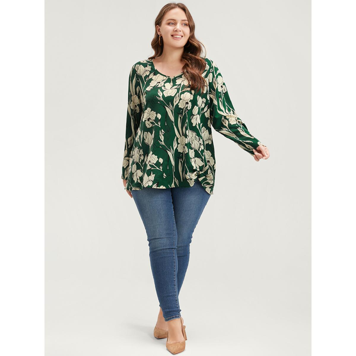 Plus Size Emerald Floral Printed V Neck Blouse Women Elegant Long Sleeve V-neck Dailywear Blouses BloomChic 26/4X Product Image