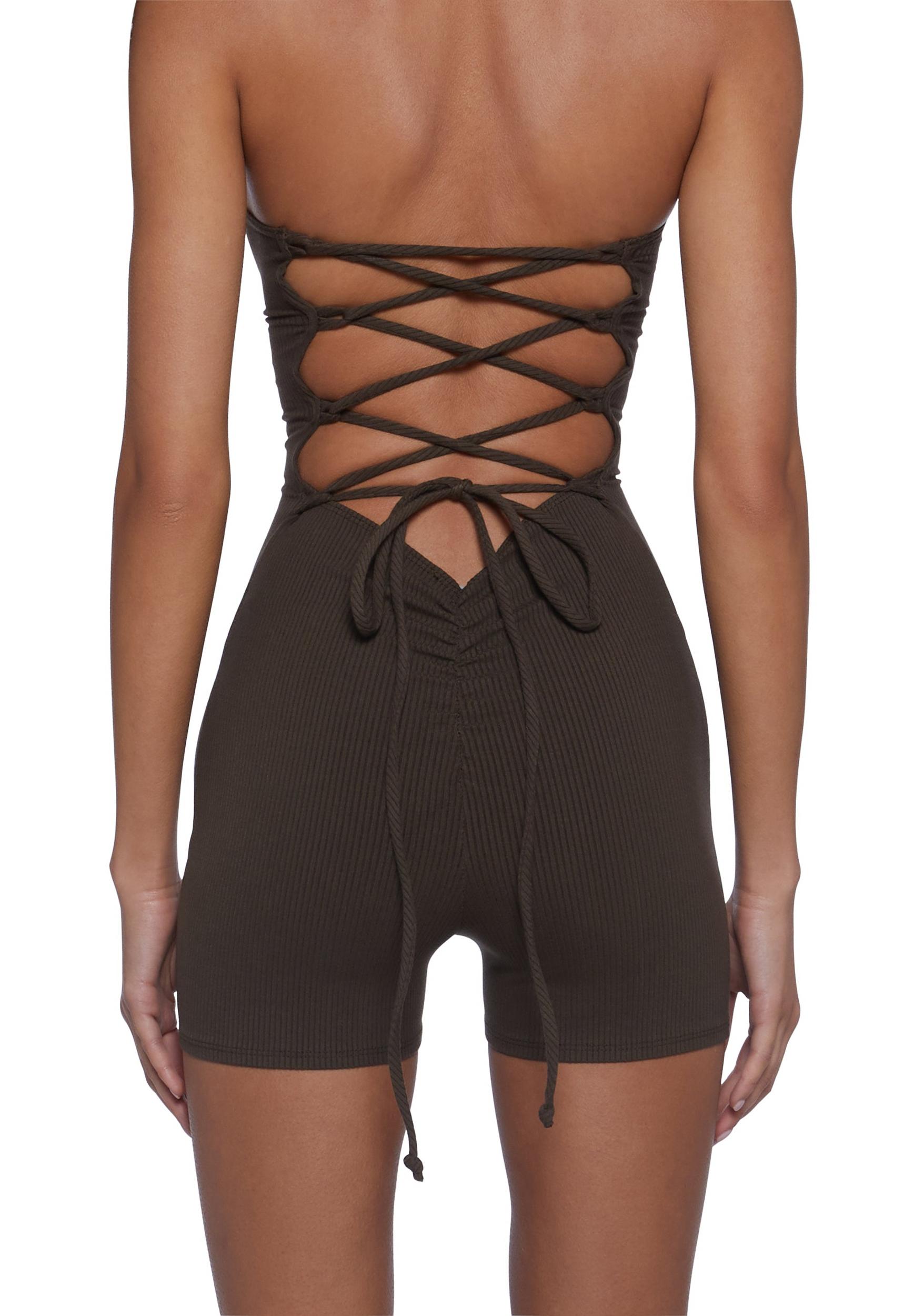 Womens Back Lace-Up Ribbed Romper - Brown Product Image