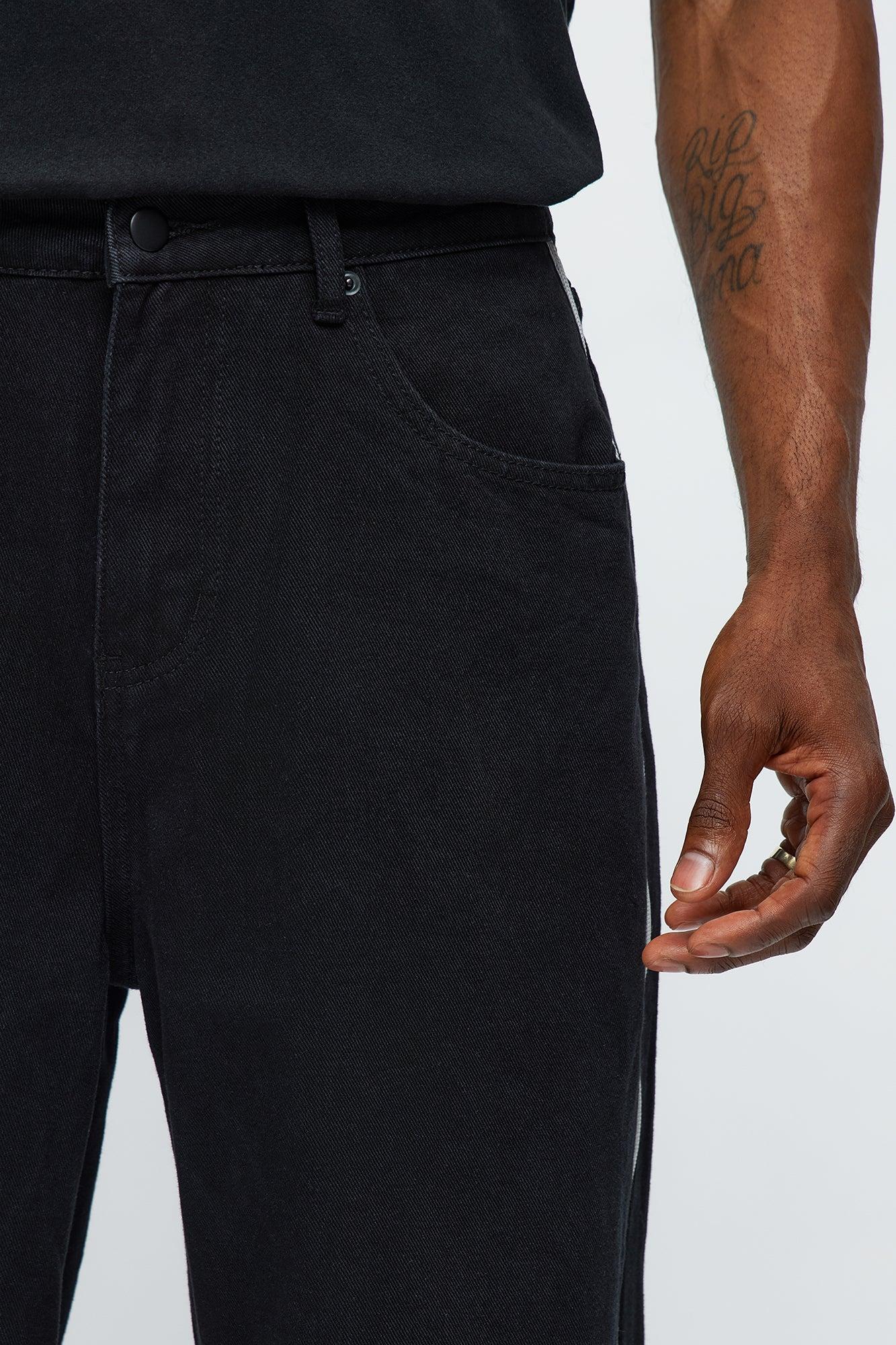 Baggy Side Stripe Zip Hit Jeans - Black Male Product Image