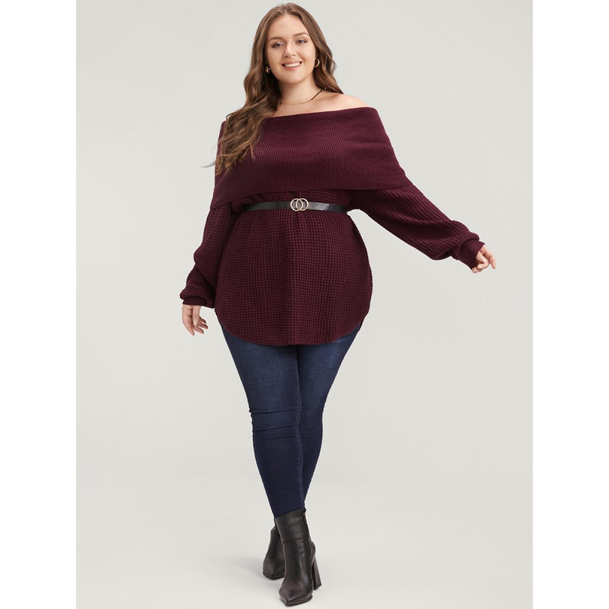 Plus Size Solid Pointelle Knit Arc Hem Off Shoulder Knit Top Scarlet Women Elegant Loose Long Sleeve One-shoulder neck Dailywear Pullovers BloomChic 22-24/3X Product Image