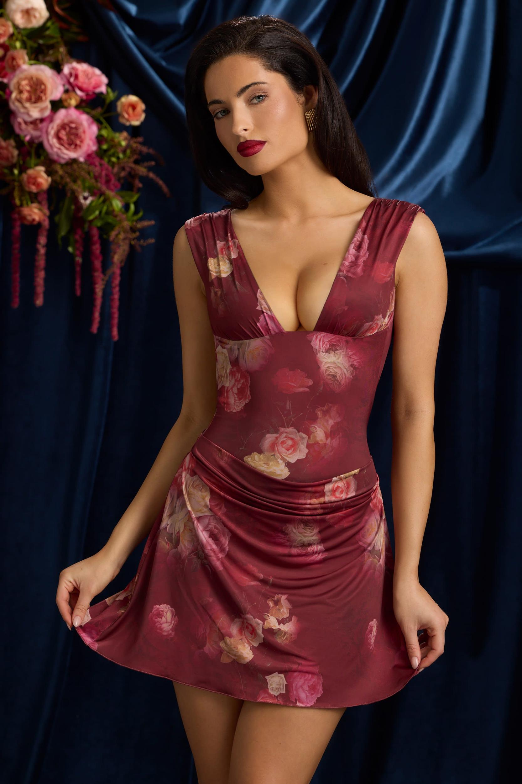 Draped Open-Back A-Line Mini Dress in Maroon Floral Print Female Product Image