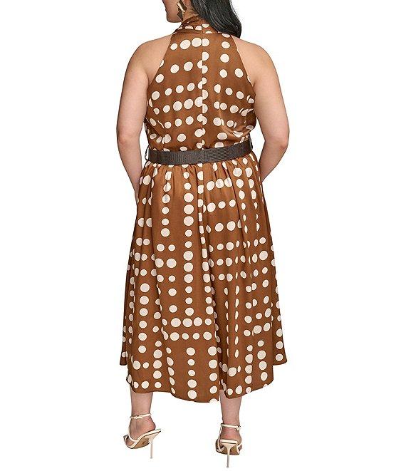 Donna Karan Plus Size Halter Neck Polka Dot Print Belted Midi Dress Product Image