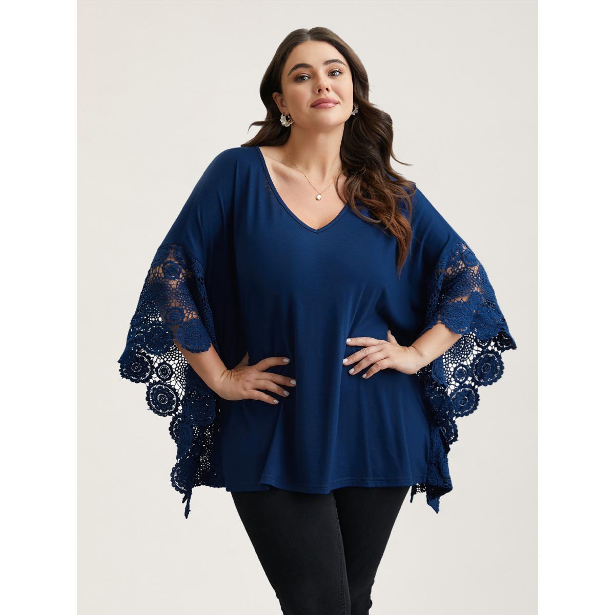Plus Size V-Neck Crochet Lace Batwing Sleeve T-Shirt Indigo Women Elegant Patchwork V-neck Loose Everyday T-shirts BloomChic 10/M Product Image