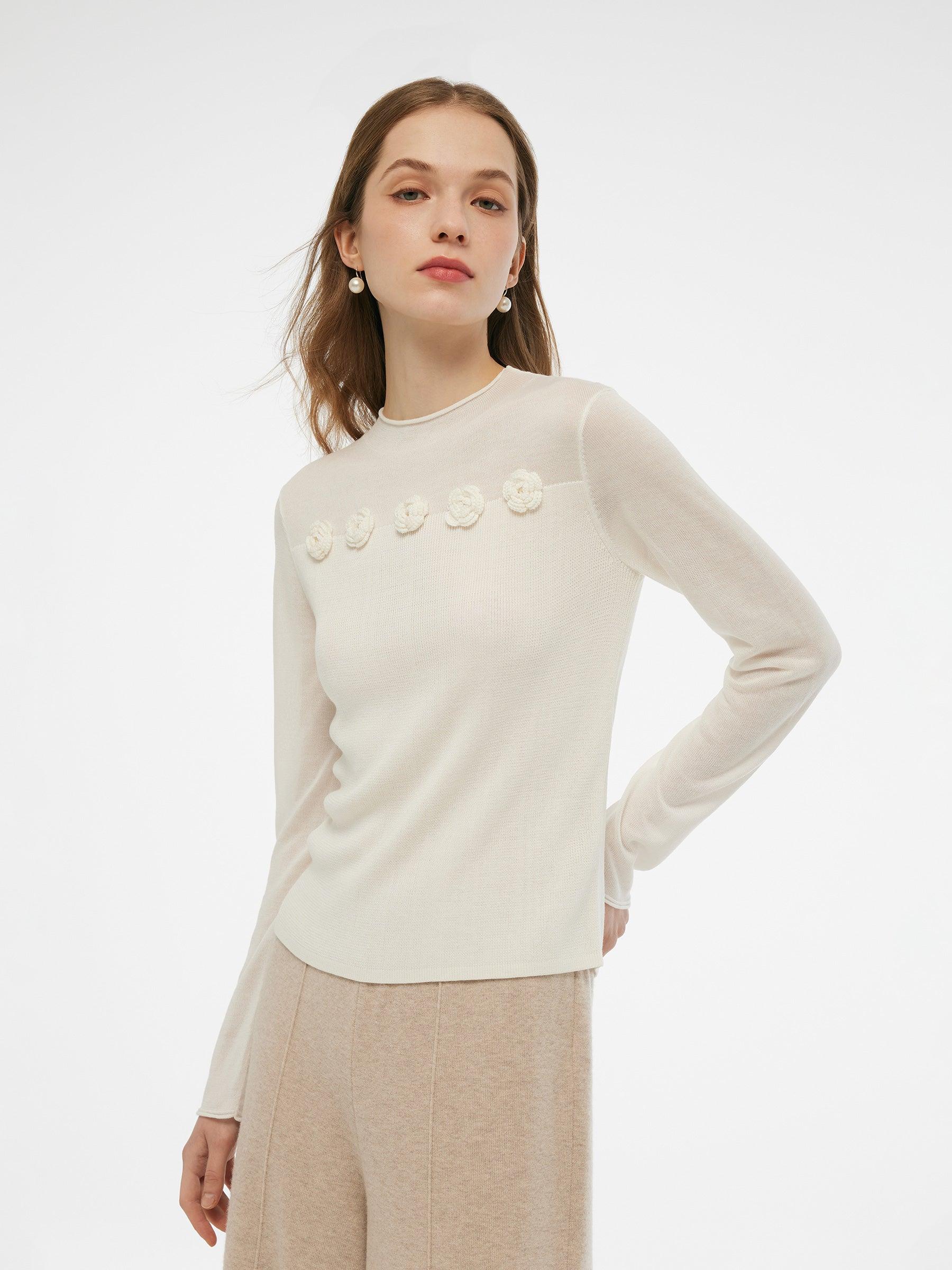 Tencel Wool Blend Women Flower Knit Top Product Image