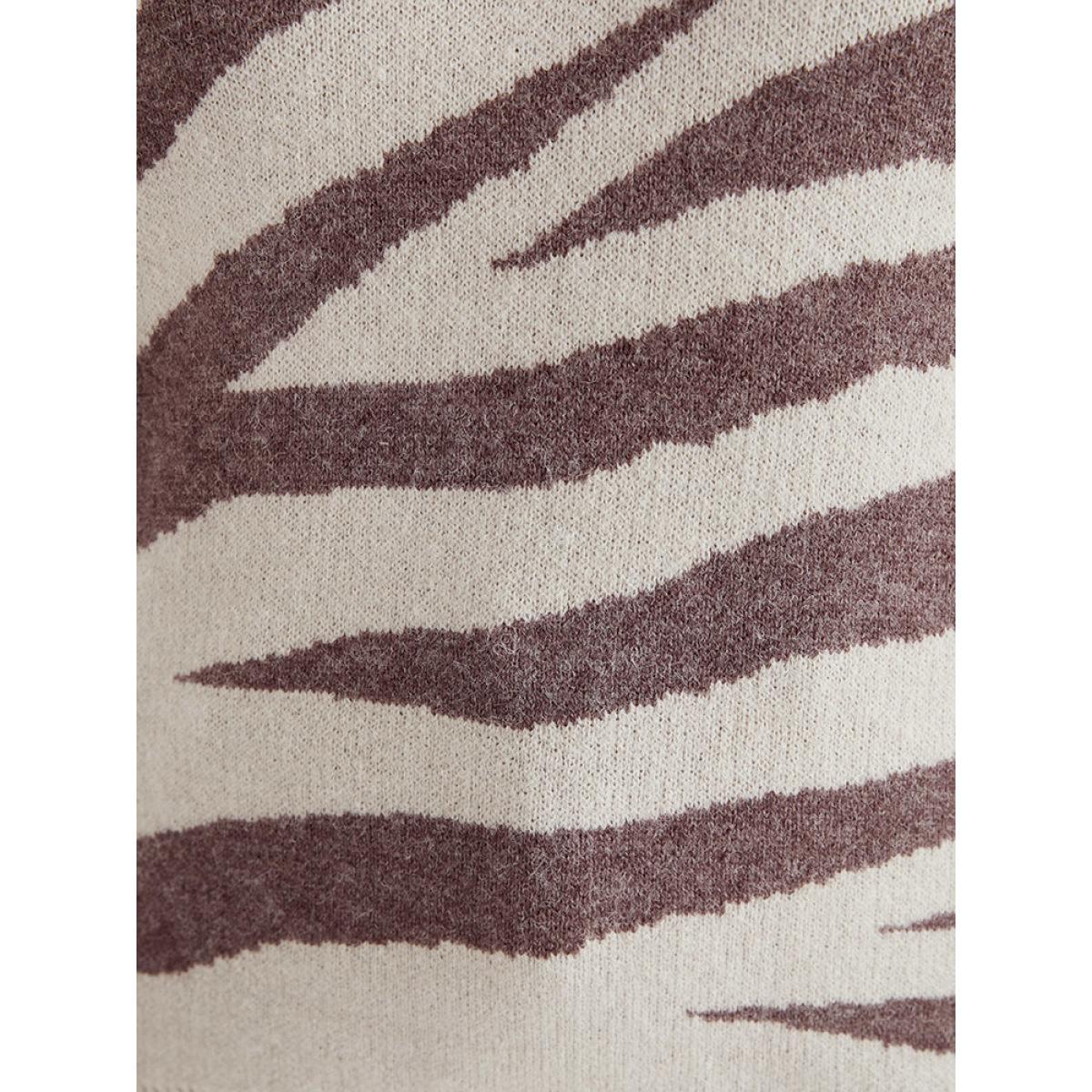 Plus Size Zebra Print Contrast Pointelle Knit V Neck Knit Top Tan Women Casual Long Sleeve V-neck Dailywear Pullovers BloomChic 18-20/2X Product Image