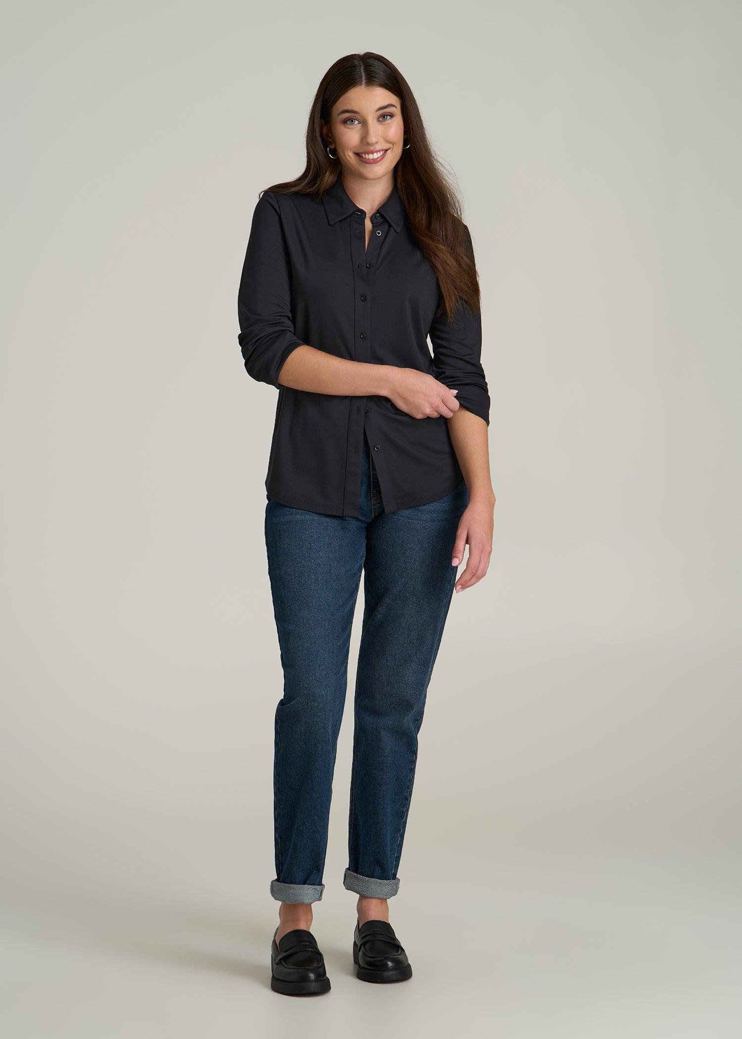 Slub Knit Button-Up Shirt for Tall Women in Black Female Product Image