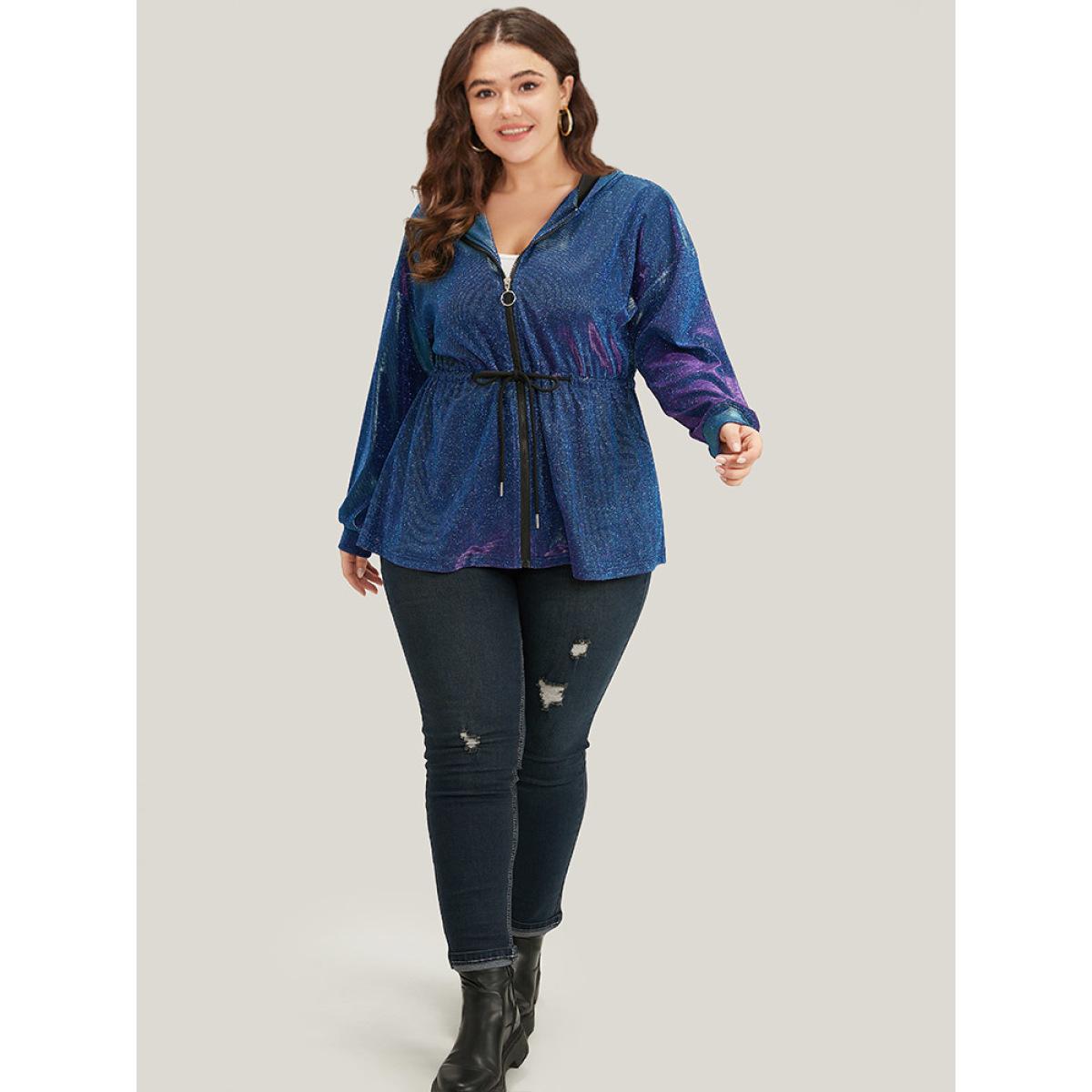 Plus Size Glitter Plain Drawstring Zipper Knot Hooded Coat Women Purple Elastic cuffs Dailywear Jackets BloomChic 18-20/2X Product Image