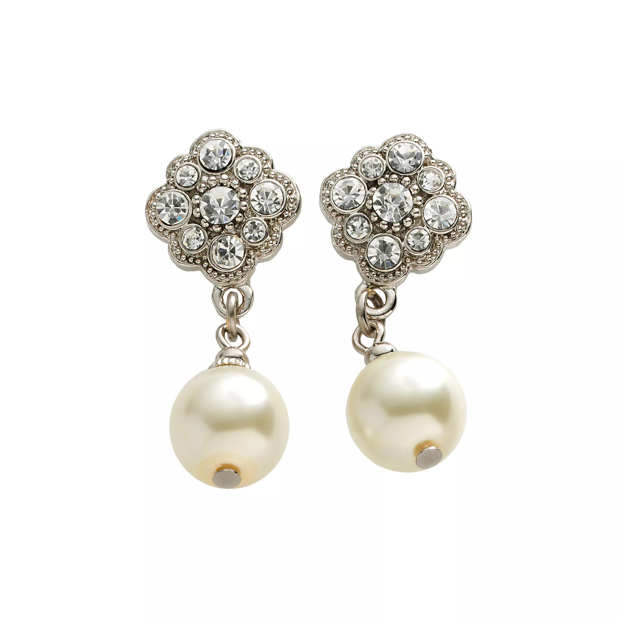 1928 Silver-Tone Simulated Crystal & Simulated Pearl Drop Earrings, Womens, Silver Tone Product Image