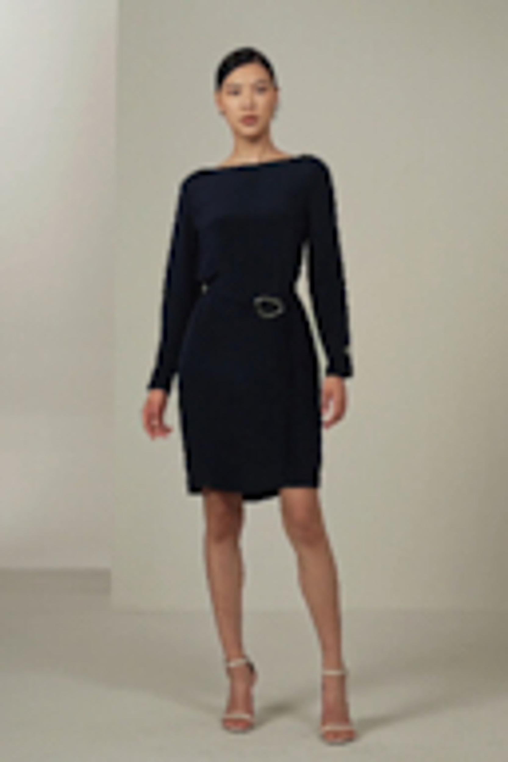 LILYSILK Long Sleeve Silk Dress - for Women - Midnight Blue Heavy Silk - Casual Boat Neck Dress S Product Image