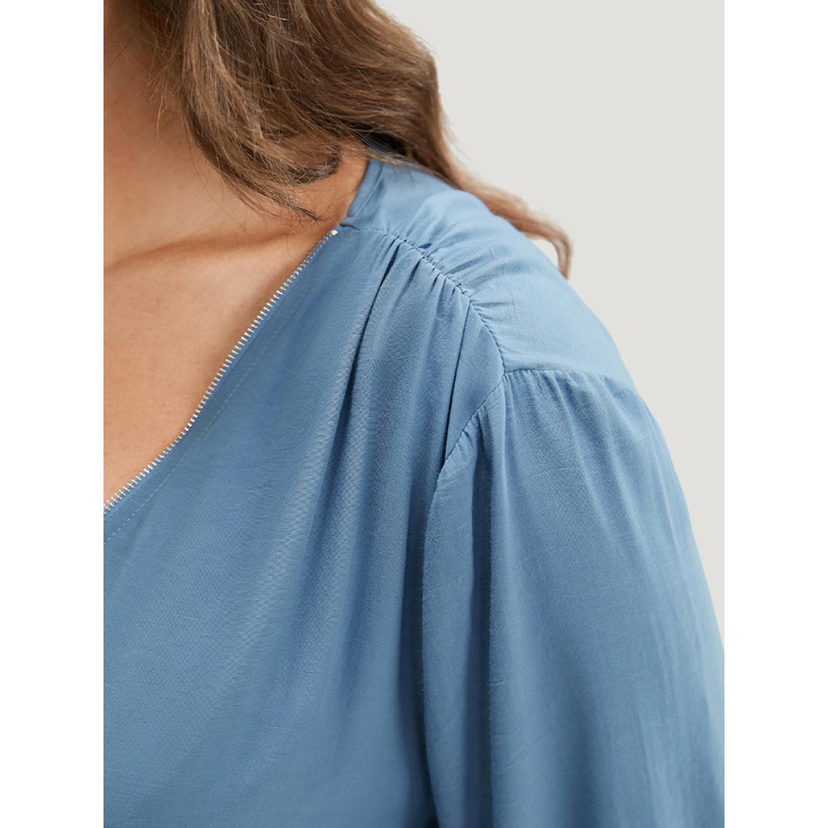Plus Size Stone Solid Zipper Half Gathered Cuffed Sleeve Blouse Women Office Elbow-length sleeve V-neck Work Blouses BloomChic 12/L Product Image