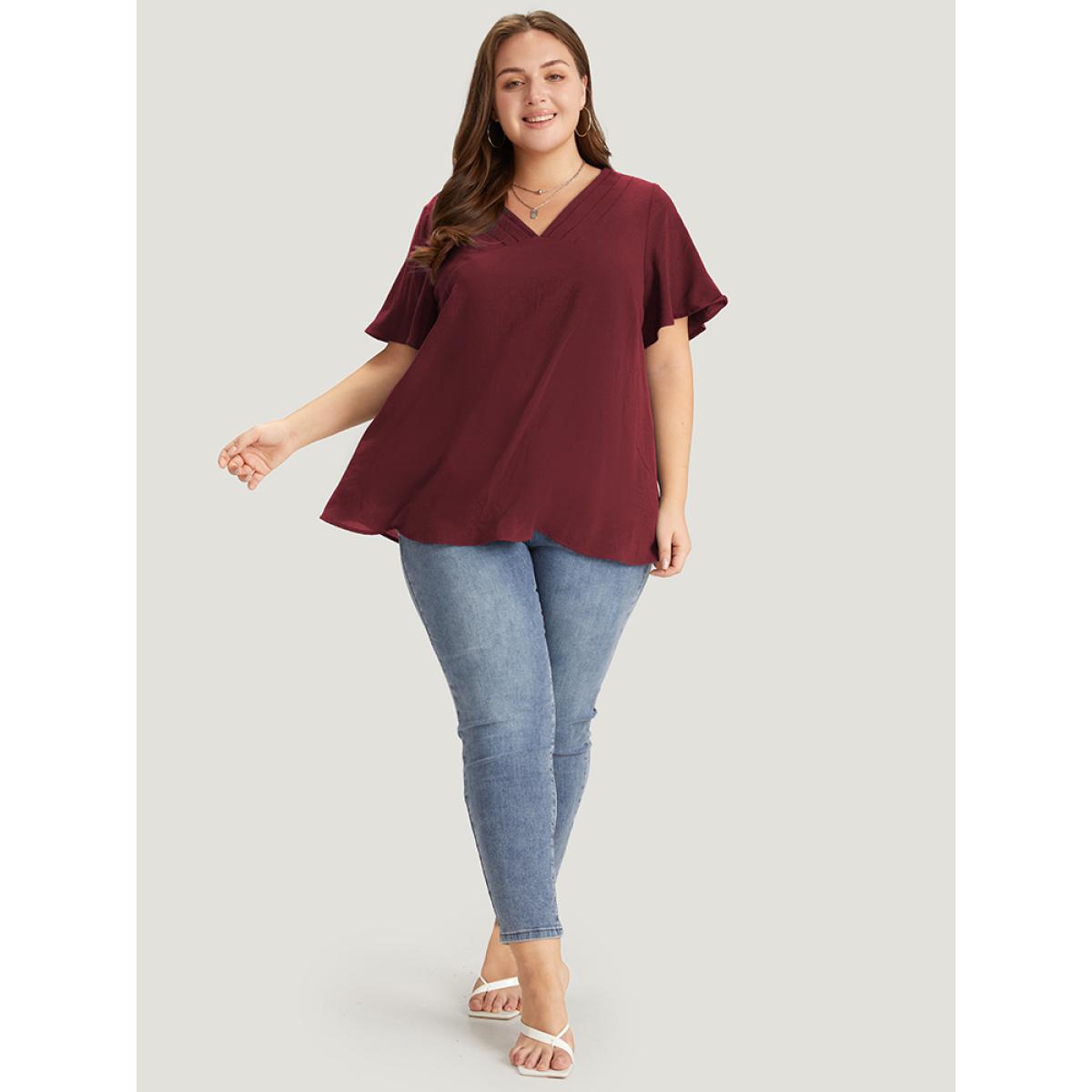 Plus Size Burgundy Solid Pleated V Neck Blouse Women Office Short sleeve V-neck Dailywear Blouses BloomChic 22-24/3X Product Image