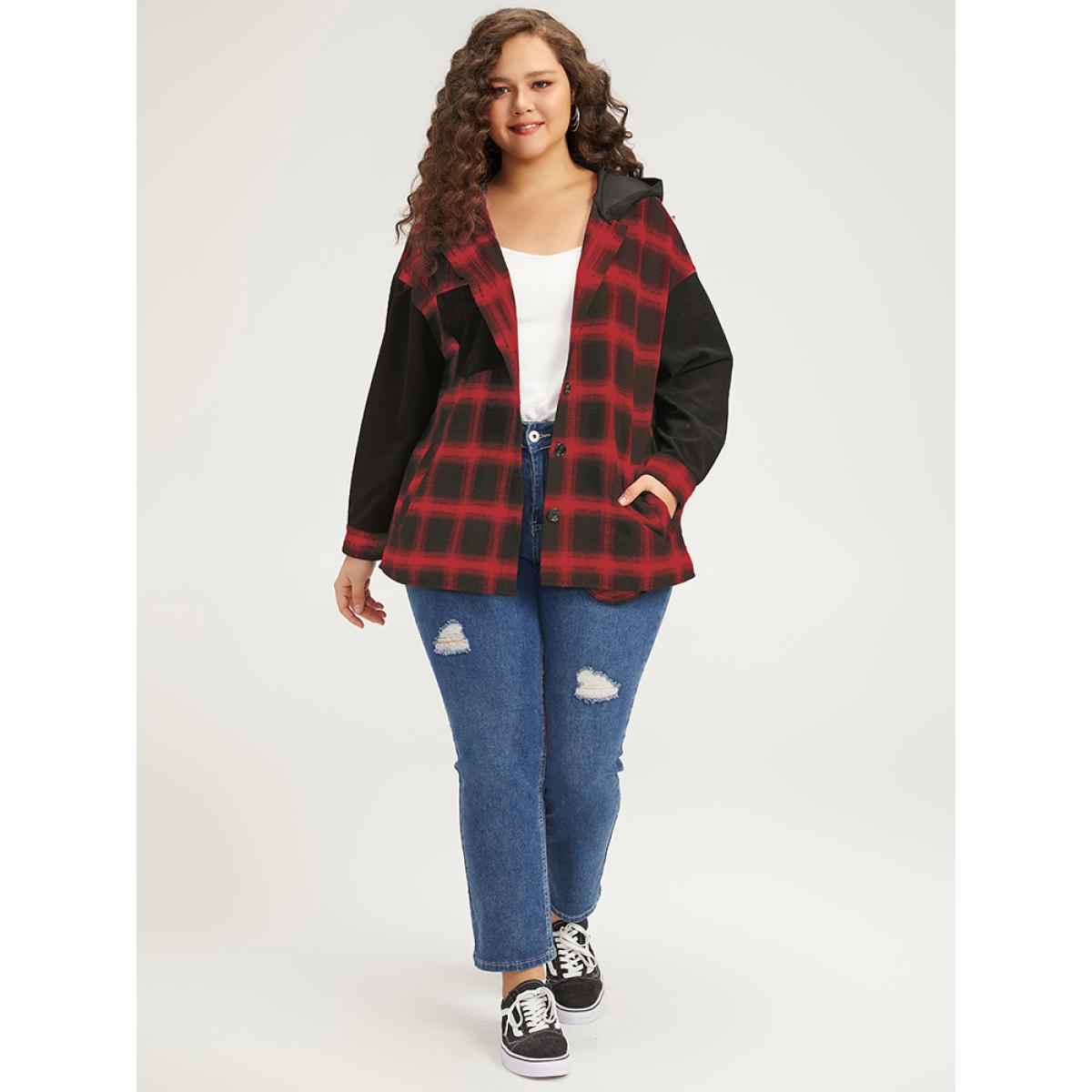 Plus Size Plaid Hooded Patched Pocket Button Up Patchwork Coat Women Crimson Contrast Pocket Dailywear Jackets BloomChic 18-20/2X Product Image
