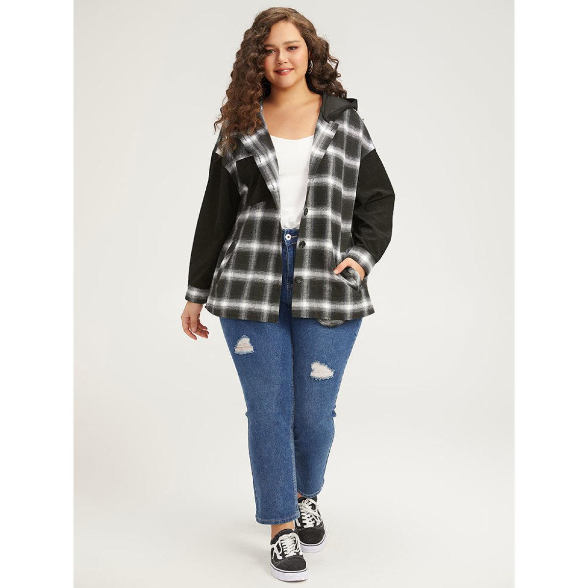 Plus Size Plaid Hooded Patched Pocket Button Up Patchwork Coat Women Black Contrast Pocket Dailywear Jackets BloomChic 18-20/2X Product Image