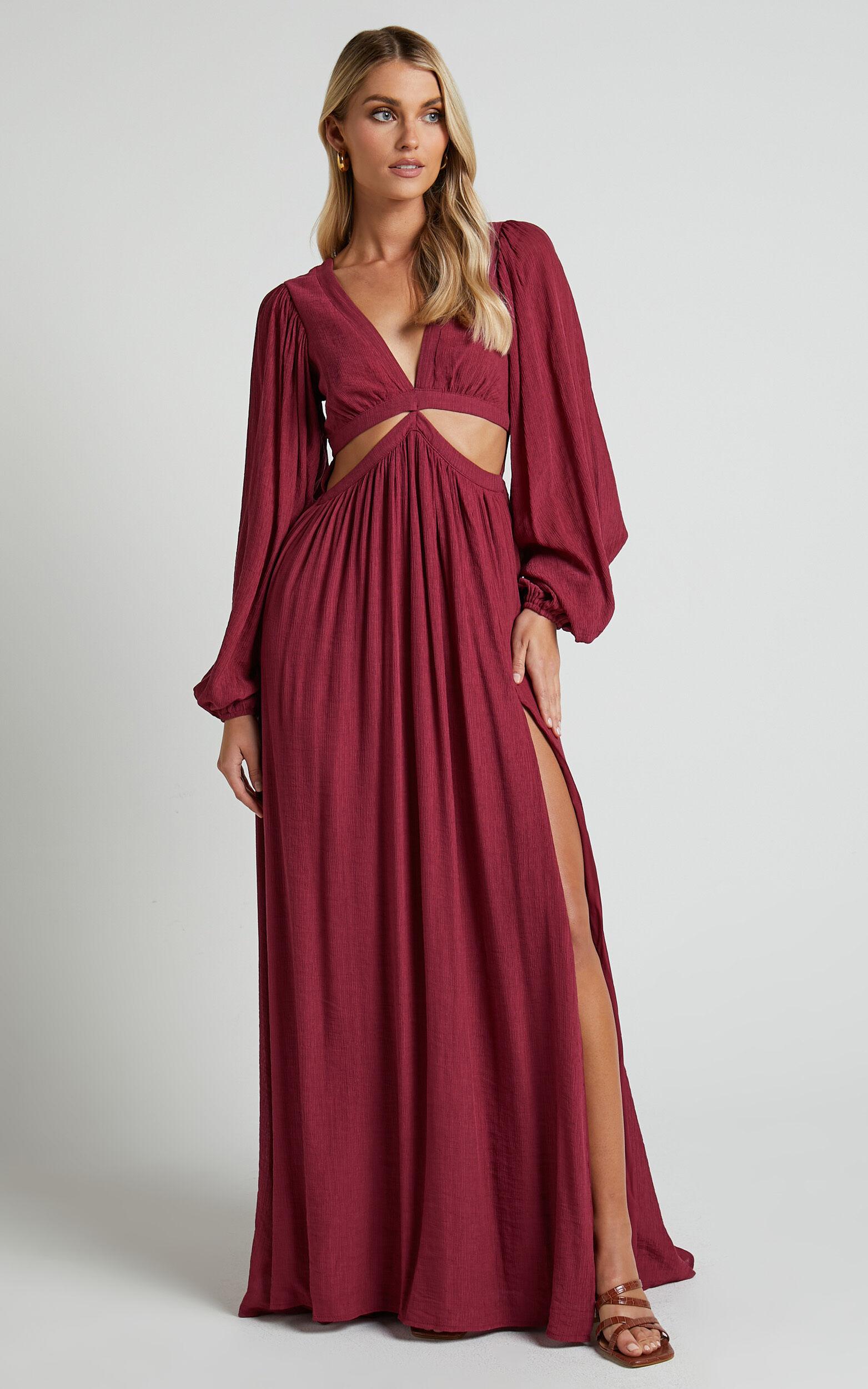 Paige Maxi Dress - Side Cut Out Balloon Sleeve Dress in Mulberry Product Image