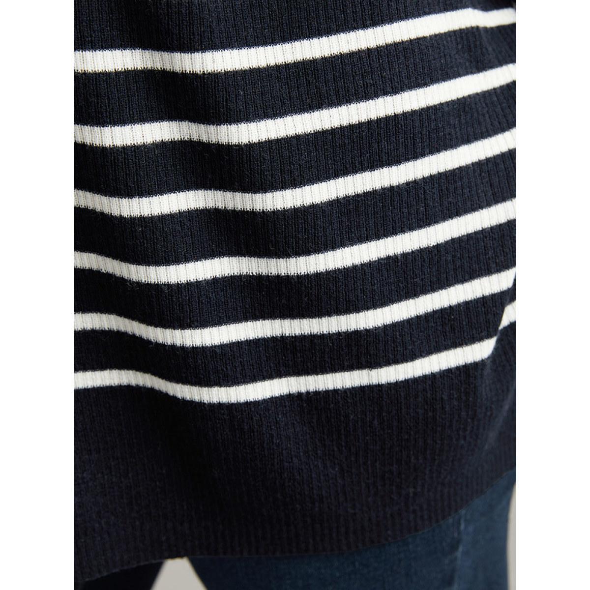 Plus Size Supersoft Essentials Striped Button Through Pullover Midnight Women Casual Loose Long Sleeve V-neck Dailywear Pullovers BloomChic 22-24/3X Product Image