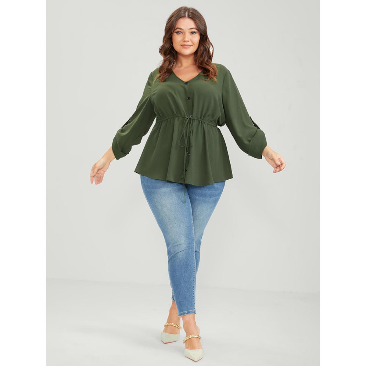 Plus Size ArmyGreen Solid Roll Sleeve Button Down Drawstring Blouse Women Office Long Sleeve V-neck Work Blouses BloomChic 18-20/2X Product Image