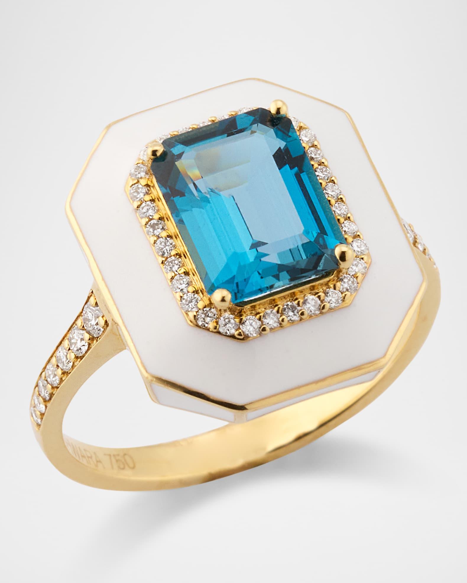 Queen 18K Yellow Gold London Blue Topaz Emerald Cut Ring with Diamonds and White Enamel, Size 6.5 Product Image