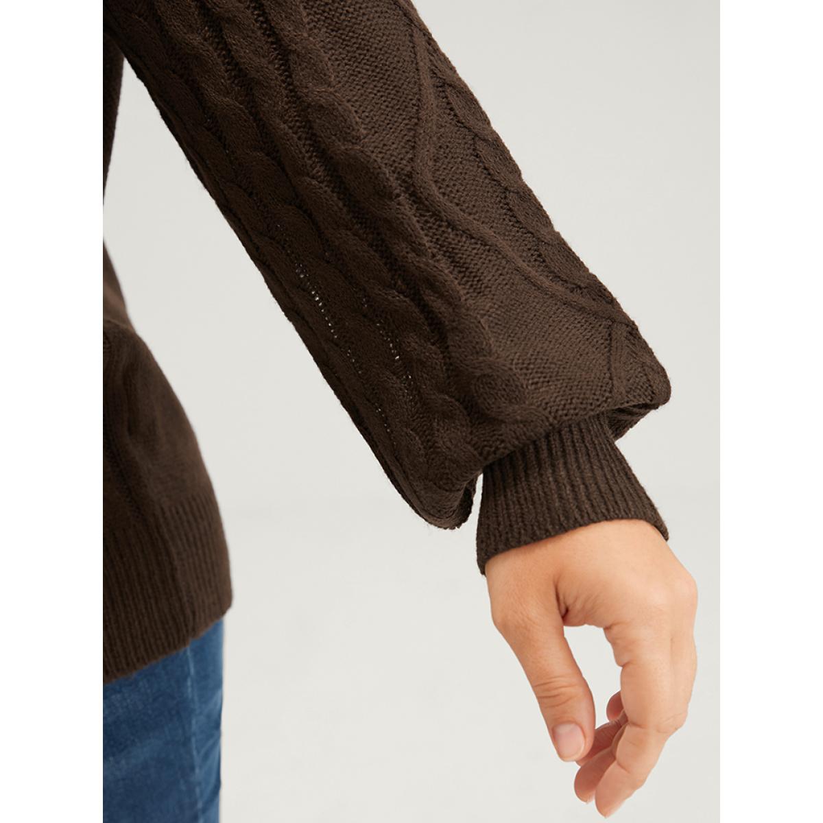 Plus Size Contrast Trim Pointelle Knit V Neck Lantern Sleeve Knit Top DarkBrown Women Elegant Long Sleeve V-neck Dailywear Pullovers BloomChic 12/L Product Image