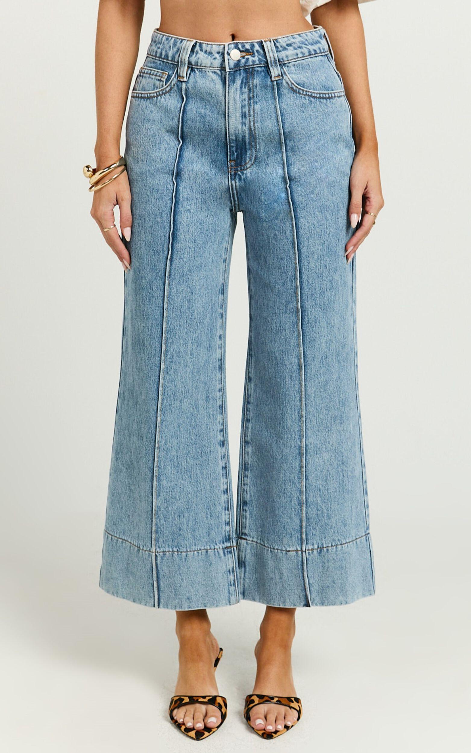 Jolene Jeans - Mid Rise Wide Leg Recycled Denim Cropped Jeans in Mid Blue Wash Product Image