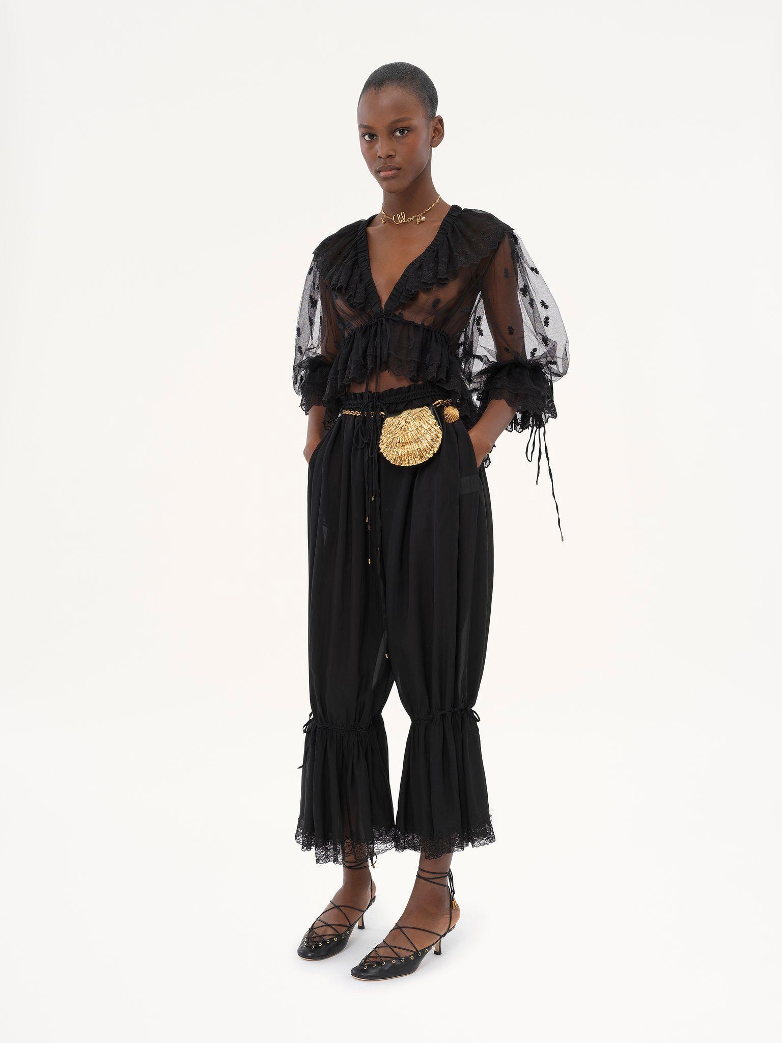 V-neck ruffle top in embroidered lace Product Image