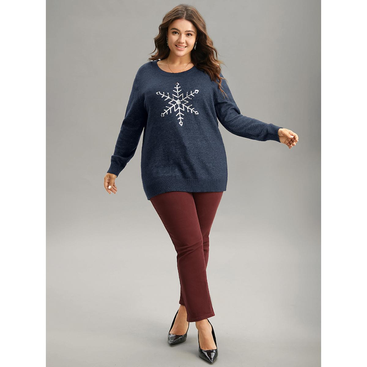 Plus Size Anti-Pilling Sequin Snowflake Round Neck Pullover Indigo Women Casual Loose Long Sleeve Round Neck Festival-Christmas Pullovers BloomChic 30/6X Product Image