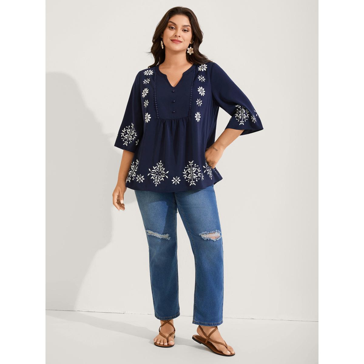 Plus Size DarkBlue Floral Print Button Detail Solid Blouse Women Boho Elbow-length sleeve Flat collar with V-notch Vacation Blouses BloomChic 28/5X Product Image