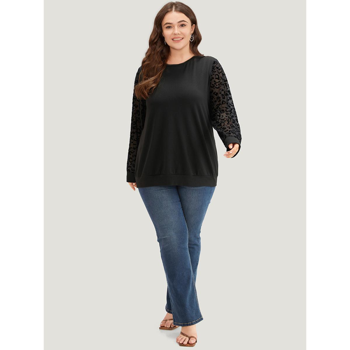 Plus Size Leopard Mesh Patchwork Round Neck Sweatshirt Women Black Elegant Elastic cuffs Round Neck Dailywear Sweatshirts BloomChic 12/L Product Image