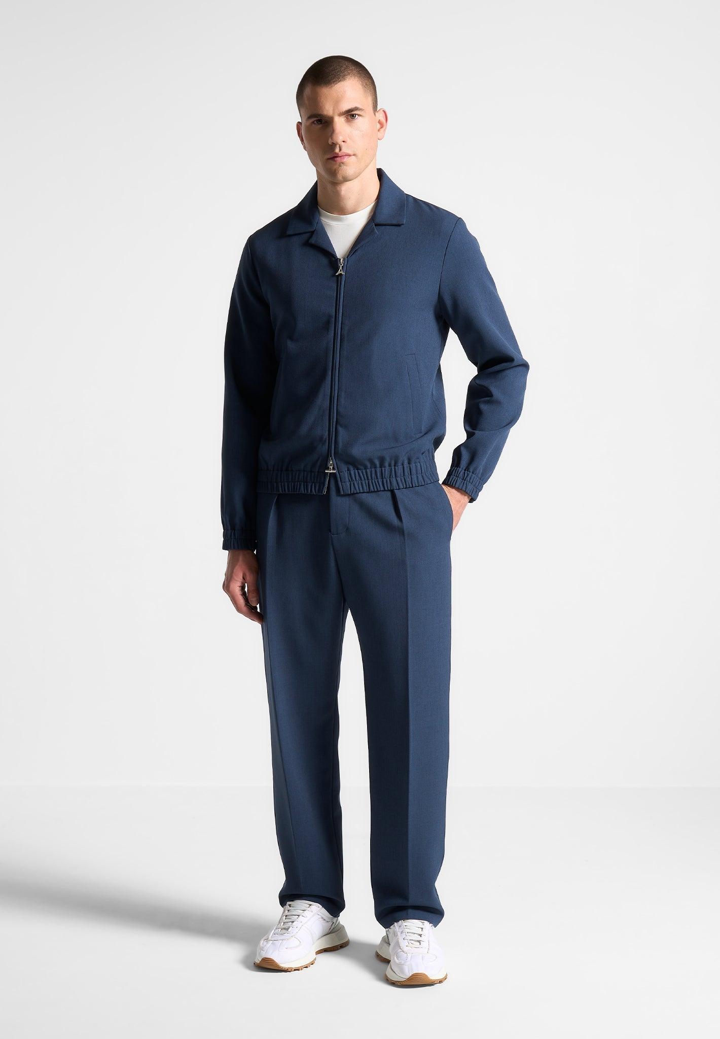 Relaxed Fit Hatched Pleated Tailored Trousers - Blue Male Product Image