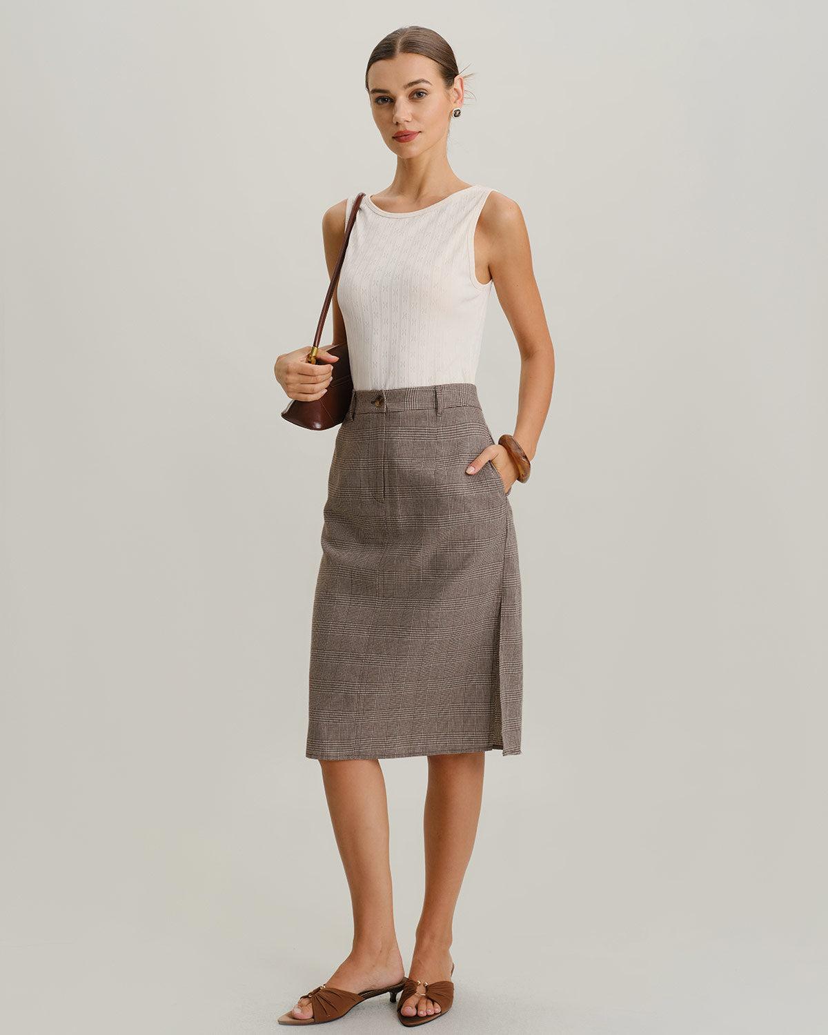 Brown Plaid Straight Midi Skirt Product Image
