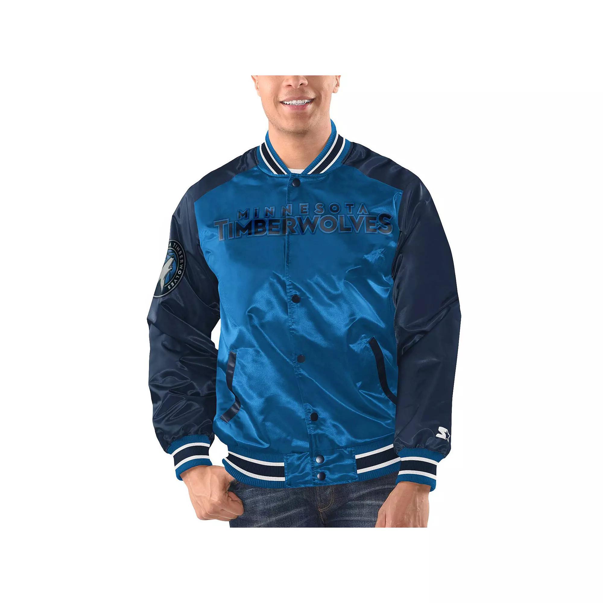 Men's Starter Blue/Navy Minnesota Timberwolves Renegade Satin Full-Snap Varsity Jacket,  Product Image