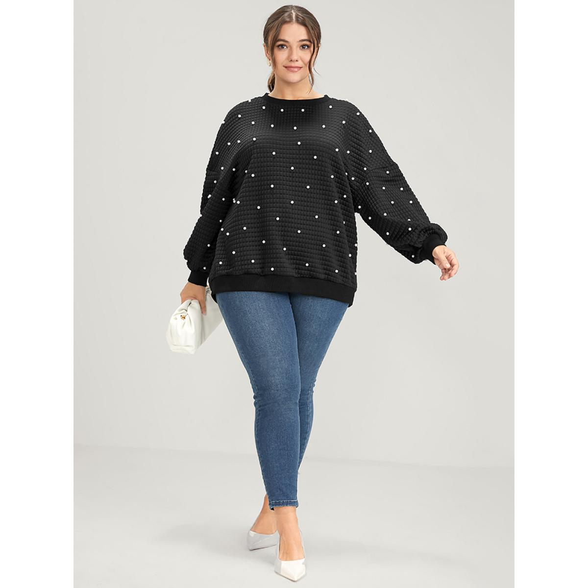 Plus Size Solid Texture Pearls Beaded Sweatshirt Women Black Party Beaded Round Neck Going out Sweatshirts BloomChic 26/4X Product Image