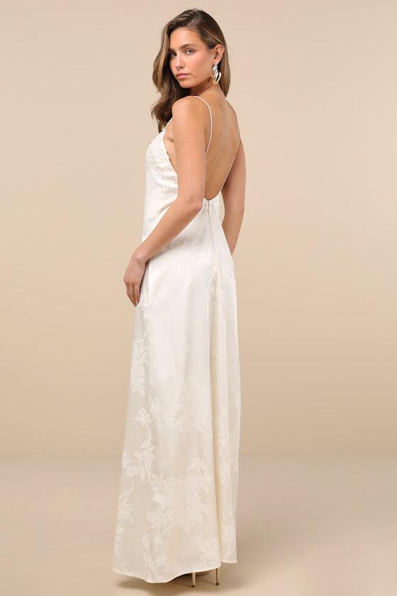 Whimsical Radiance Cream Satin Embroidered Maxi Dress Product Image