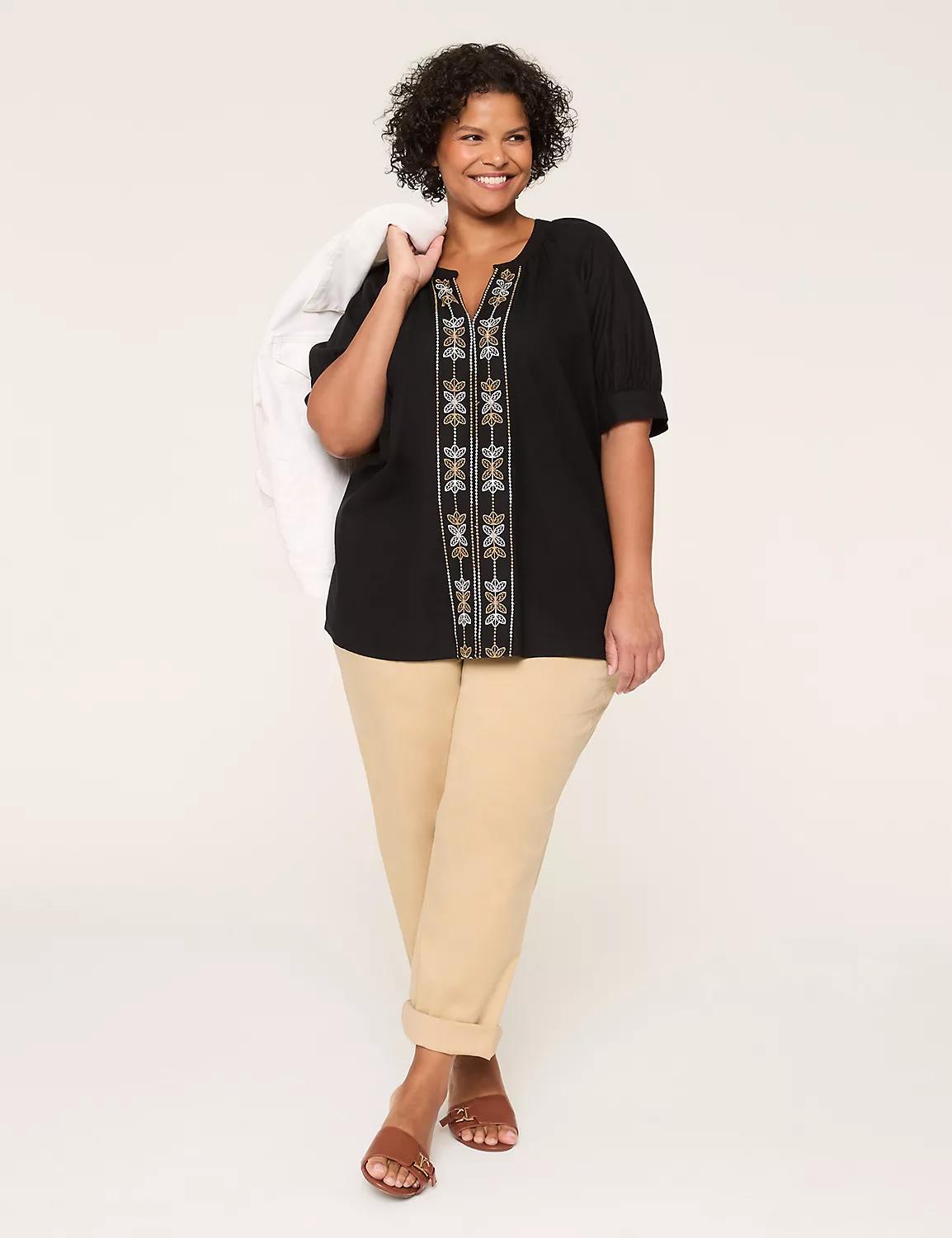 Embroidered Notch-Neck Popover Blouse Product Image