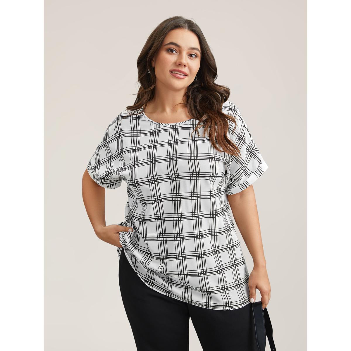 Plus Size WhiteSmoke Plaid Rolled Hem Dolman Sleeve Shirt Women At the Office Short sleeve Round Neck Work Blouses BloomChic 26/4X Product Image