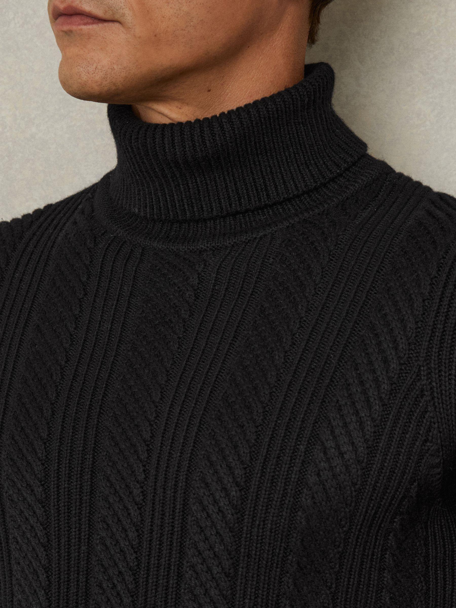 Cabled Roll-Neck Jumper with Cotton and Wool in Black Product Image