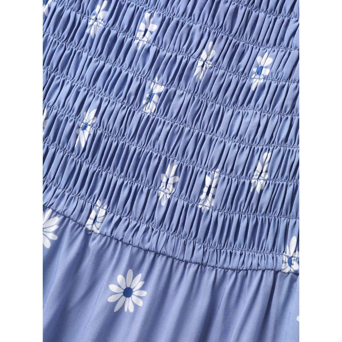 Plus Size Rayon Floral Shirred Midi Dress Mediumblue Women Boho Square Neck Short sleeve Curvy BloomChic 26/4X Product Image