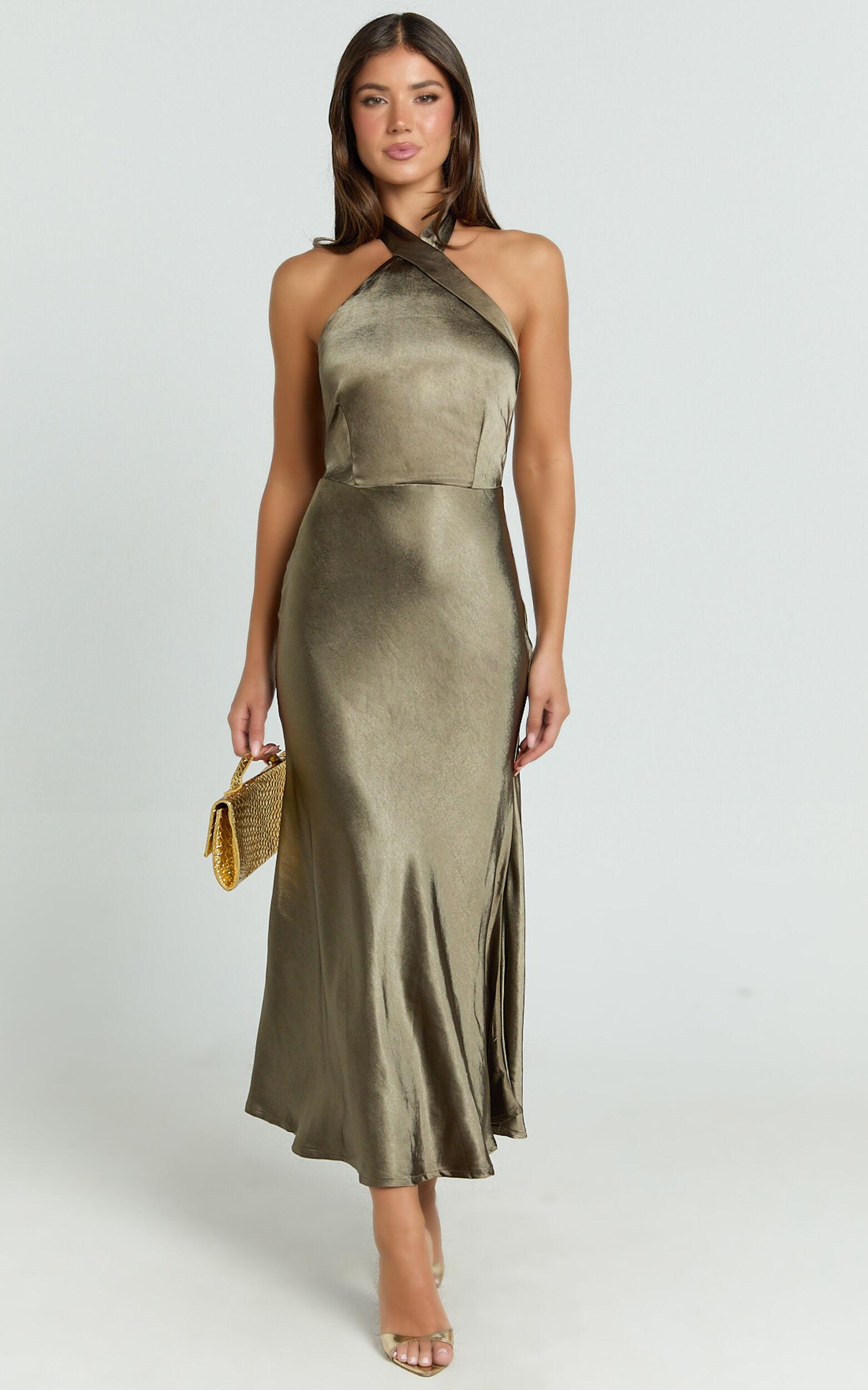 Rhianne Midi Dress - Twist Halter Neck Open Back Satin Dress in Olive Product Image